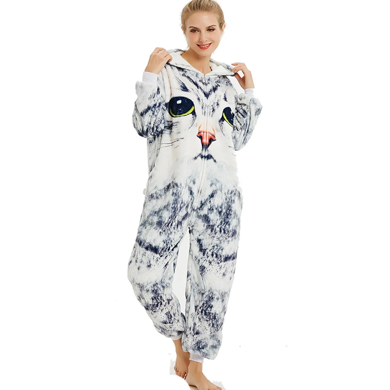 Новая Фланелевая пижама кигуруми с 3D кошкой на молнии рисунками животных для