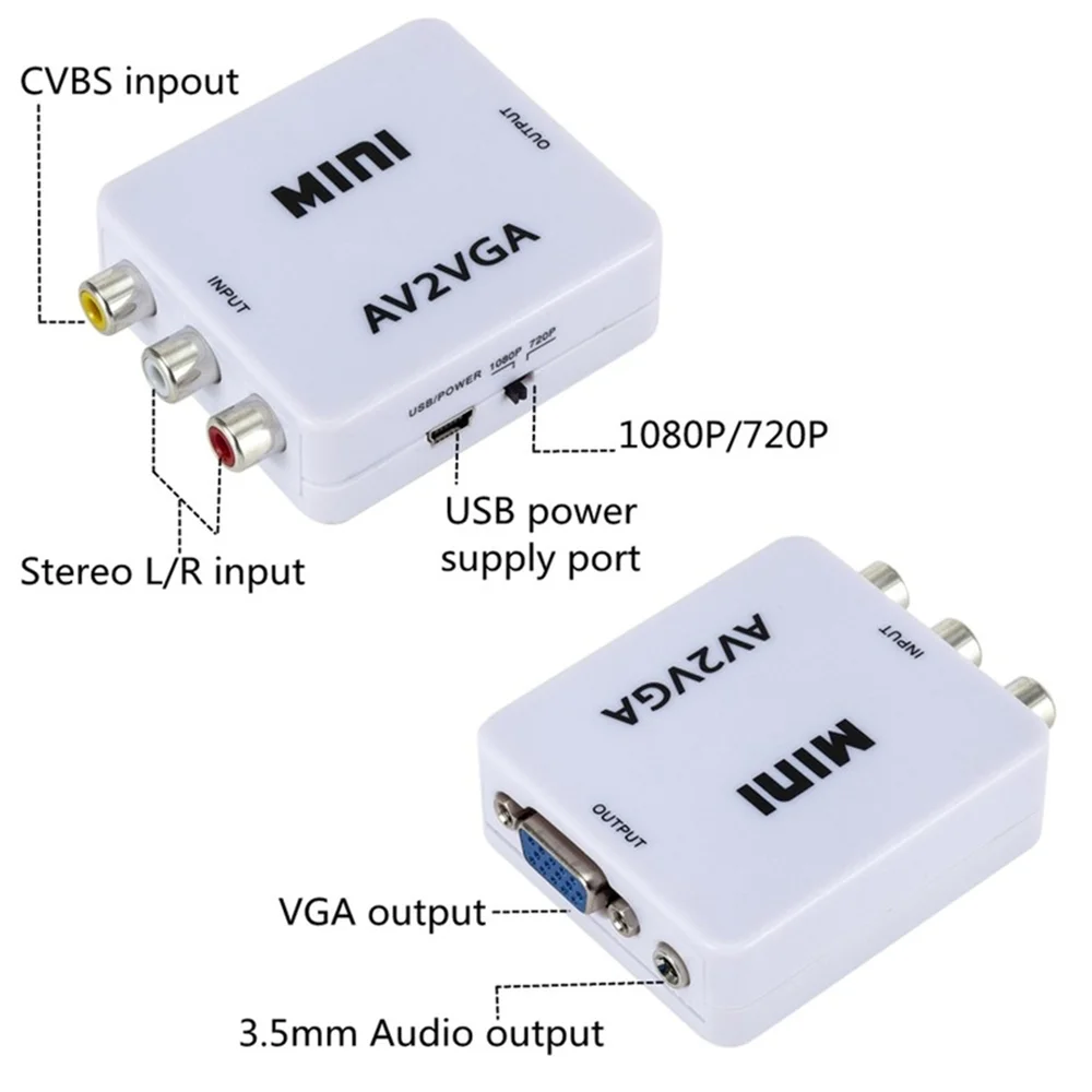 Преобразователь видео 1080P RCA AV в VGA мини-видеоконвертер конвертер с аудио 3 5 мм AV2VGA