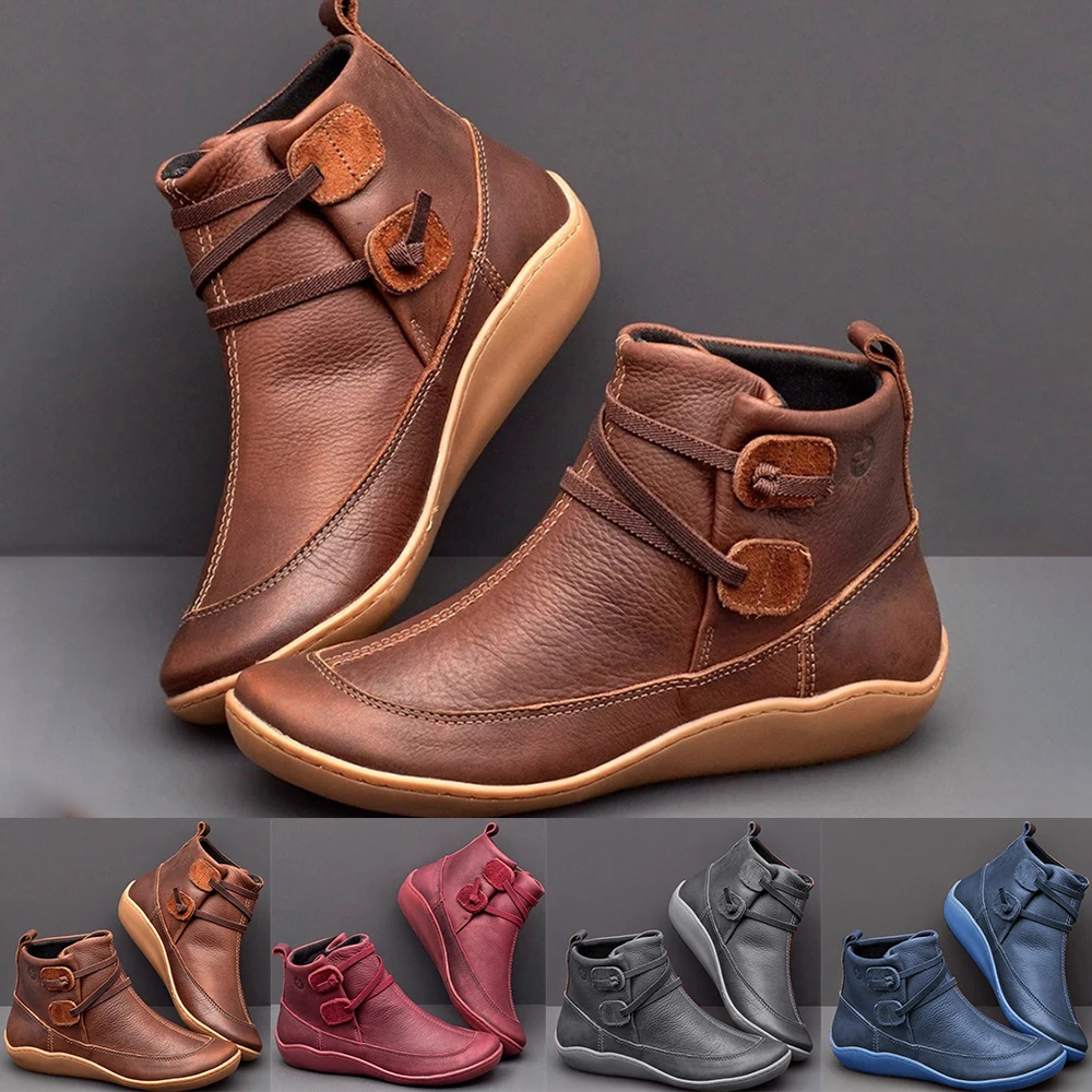 Dropshipping Women PU Leather Ankle Boots Winter Snow Flat Shoes Ladies Short Plush Cross Strap Vintage Botas Mujer | Обувь
