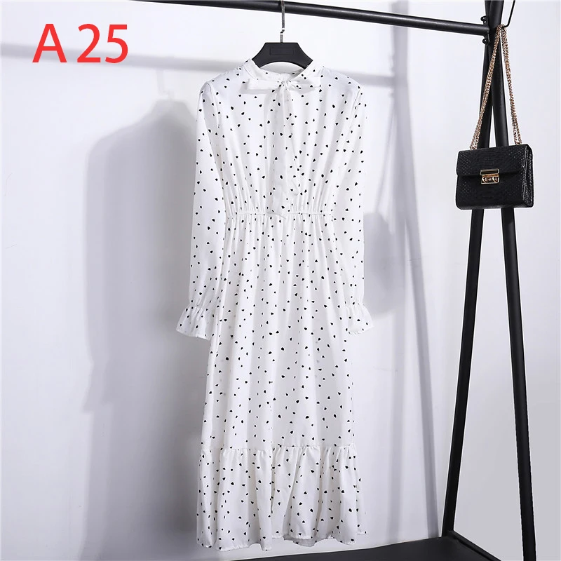 Корейская черная рубашка Vestidos для офиса в горошек, винтажные осенние платья, Женское зимнее платье, миди платье с цветочным рисунком и длинным рукавом для женщин