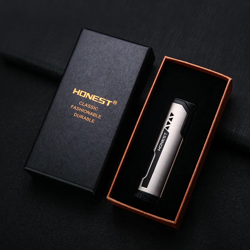 

Honest New Zinc Alloy Ultra-Thin Metal Windproof Cigar Lighter Personality Gas Inflatable Blue Jet Flame Straight Fire Igniter