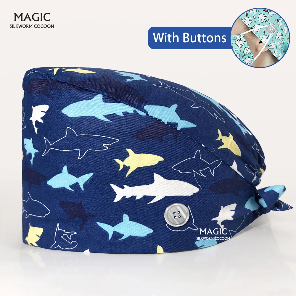 

100%Cotton Medical Hats with Buttons Pet Clinic Nurse Work Caps Cute Animal Printed Doctor Caps Unisex Hospital Scrubs Women Cap