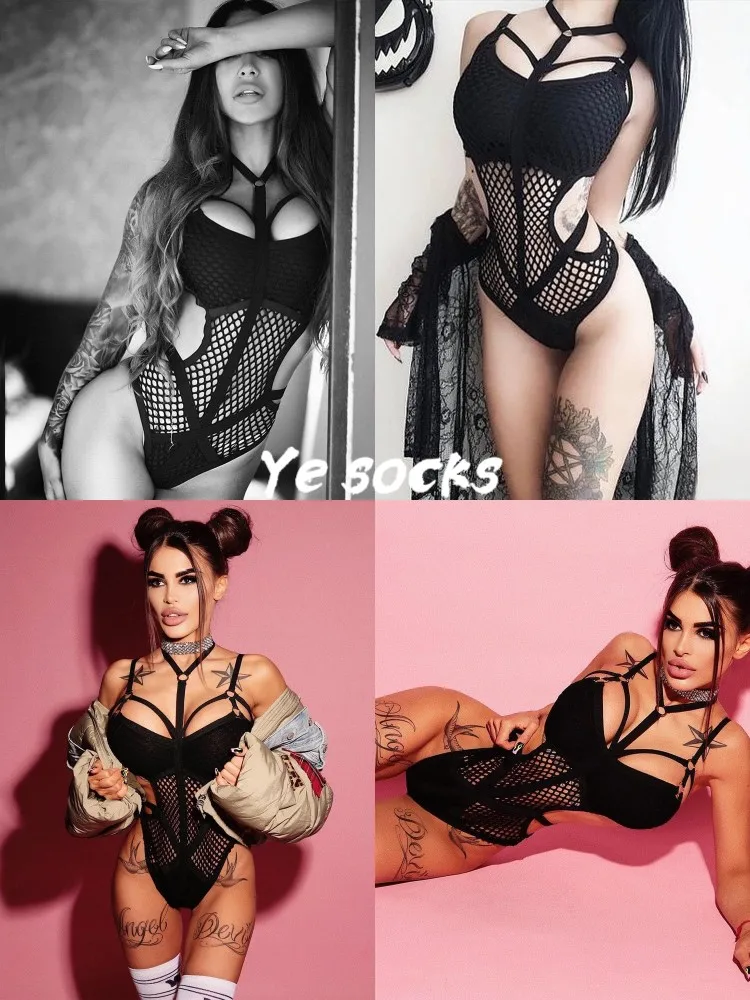 

European And American Style 2021 Summer Burst Sexy Sexy Underwear Onesie Half Perspective Stitching Craft Women's Onesie