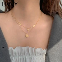 livvy silver color double layer necklace for women round angel cross clavicle chain fashion fine jewelry