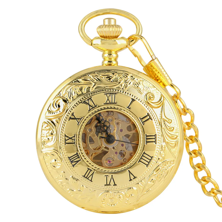 Golden Roman Numerals Display Luxury Mechanical Pocket Watch Double Hunter Design Retro Pendant Clock Gifts for Men