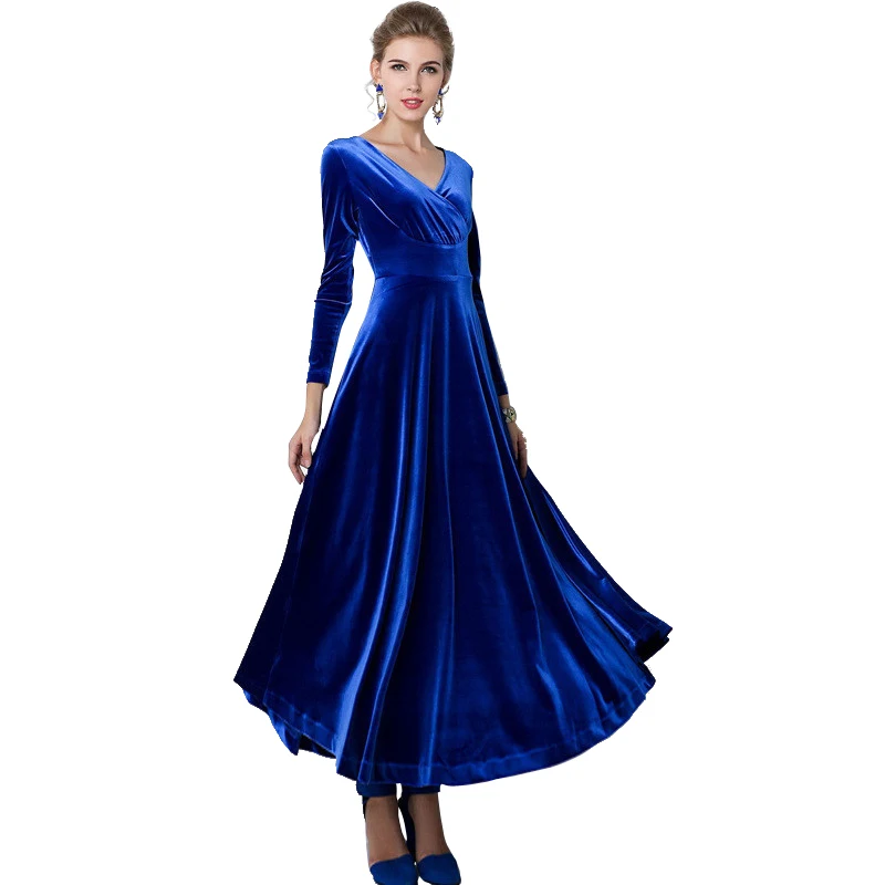 Autumn women's long sleeve dress winter Gold velvet Extra V-neck dresses | Женская одежда