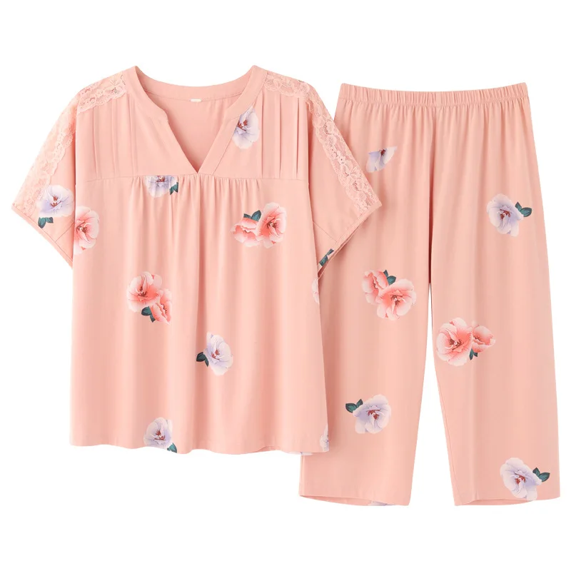 Modal Pajamas Women's Summer Short Sleeve Capris Loose Size Cotton Silk Housewear Suit Female Sleepwear Sleeping Wear Lingerie