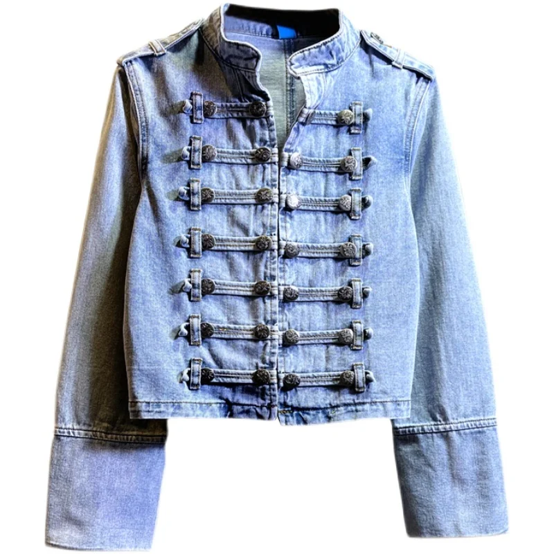 

SHNEGPALAE Streetwear Chic Button Denim Jacket Women's Autumn 2021 New Stand Collar Slim Long Sleeve Punk Short Jacket Female