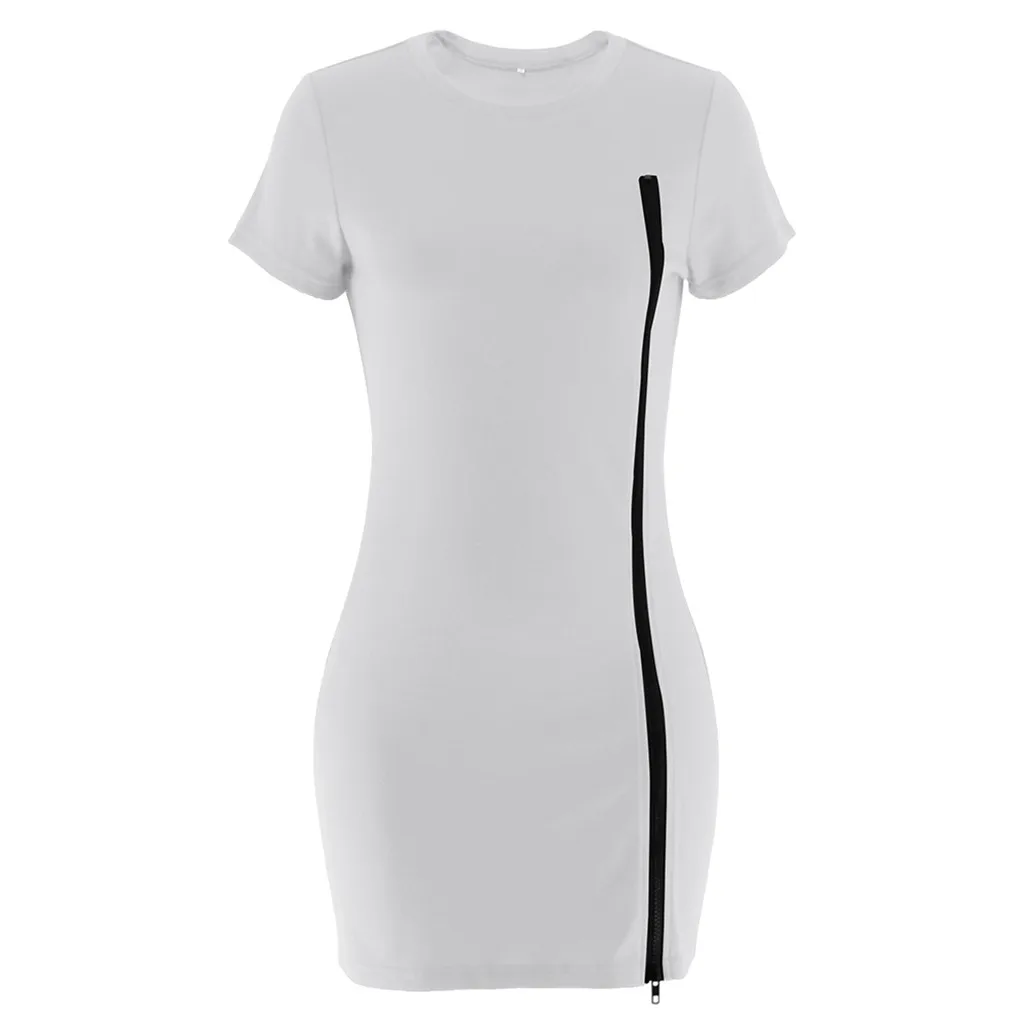 Women Sexy Short Sleeve O Neck summer beach dress for women Solid Zip up Dress Mini casual knee skirt | Женская одежда