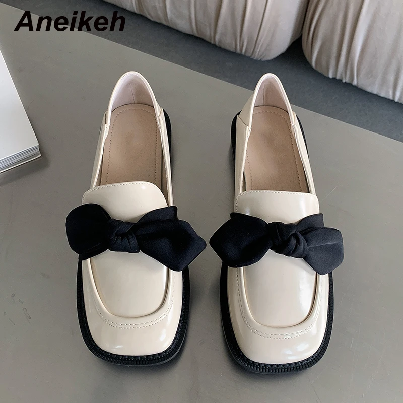 

Aneikeh Autumn PU Shallow Butterfly-Knot Round Toe Women Shoes Thick Bottom Loafers Flat 2021 Comfortable Slip-On Lolita Style