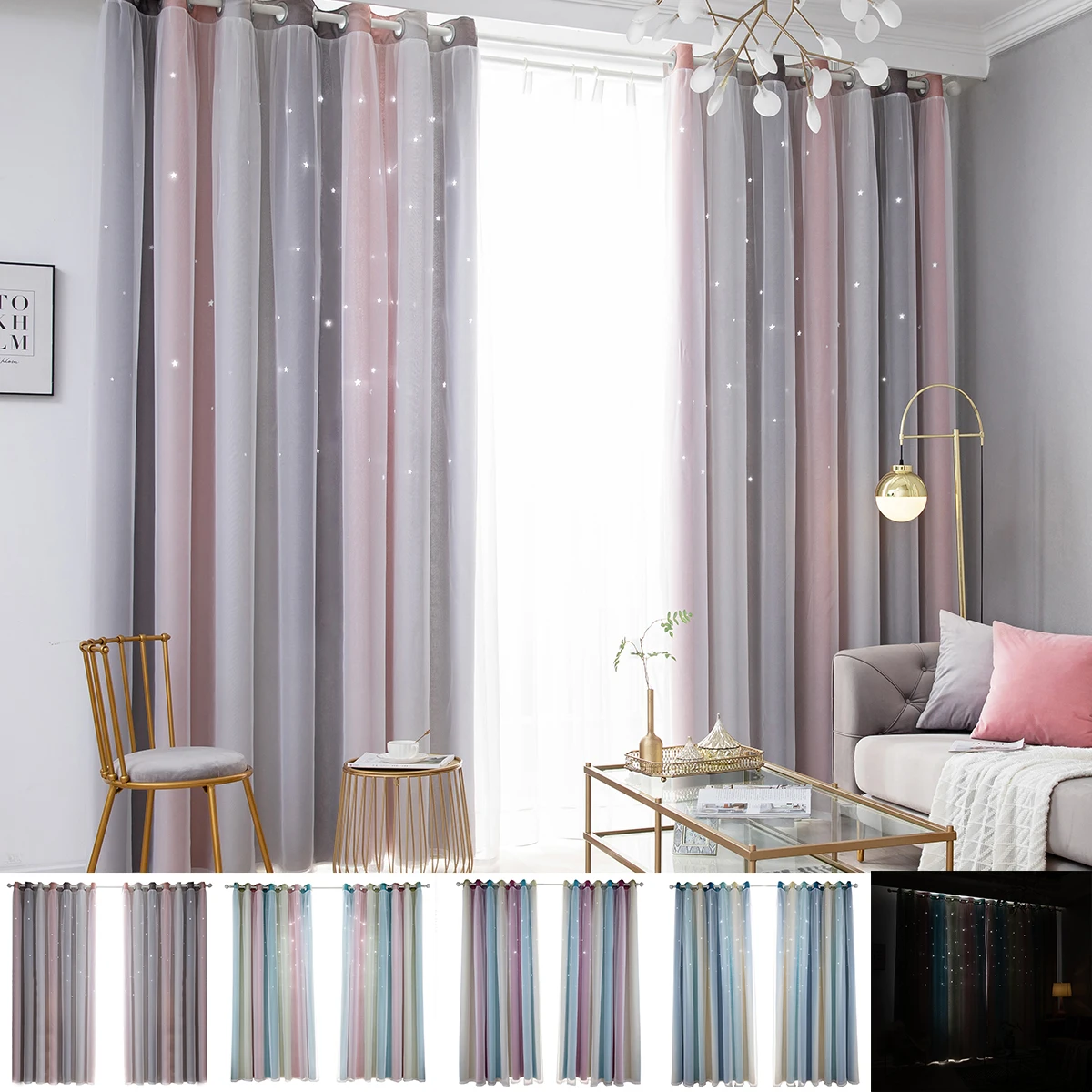 

Window Curtain Double-Layer Yarn Tulle Overlay Hollow-Out Cut Out Stars Ombre Curtain Drapes Eyelet Living Room Bedroom Curtain