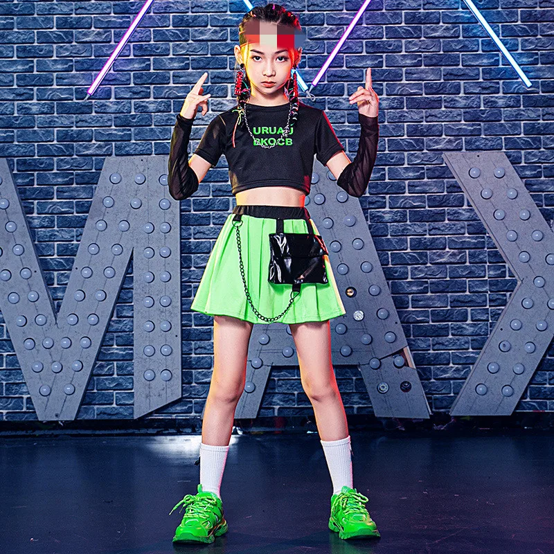 

Kid Hip Hop Clothing Black Crop Top T Shirt Arm Sleeve Summer Skirt Mini with Chain Bag for Girl Jazz Dance Costume Clothes Wear