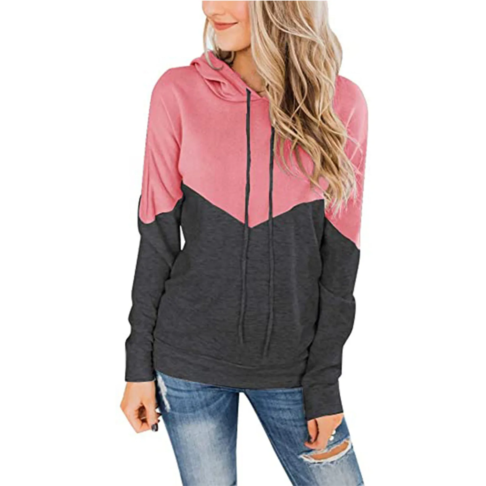 

Contrast-colors Hoodie Sweatshirt for Women Long Sleeve Loose Pullover Tops Female Autumn Patchwork Hooded Pullover