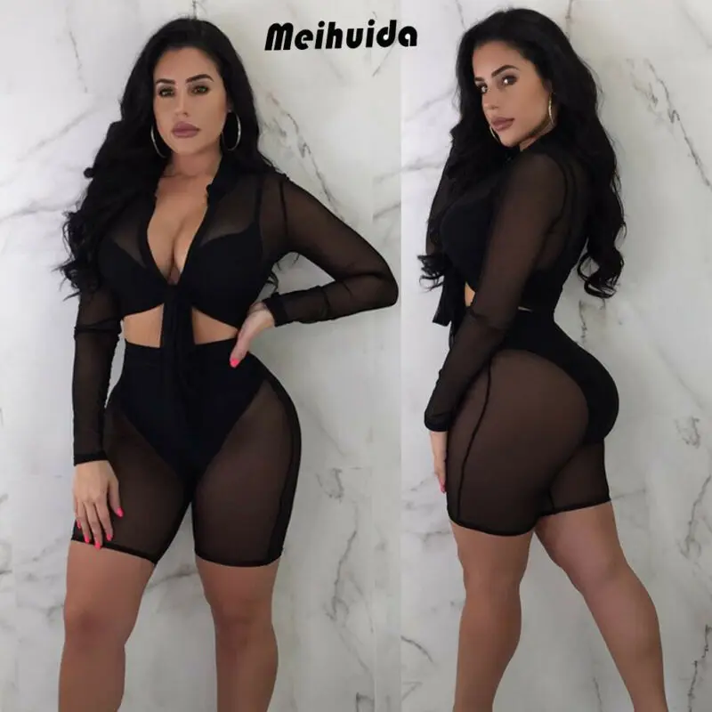 Лето 2019 модный сексуальный женский комплект однотонный прозрачный сетчатый