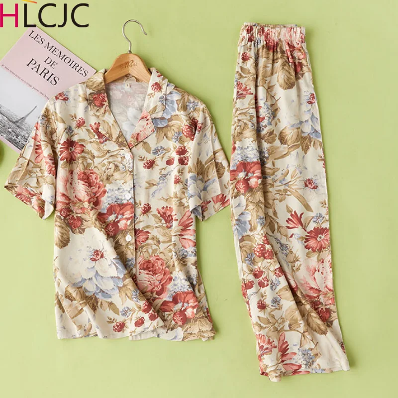 Женские пижамы с цветочным принтом топ короткими рукавами + длинные брюки