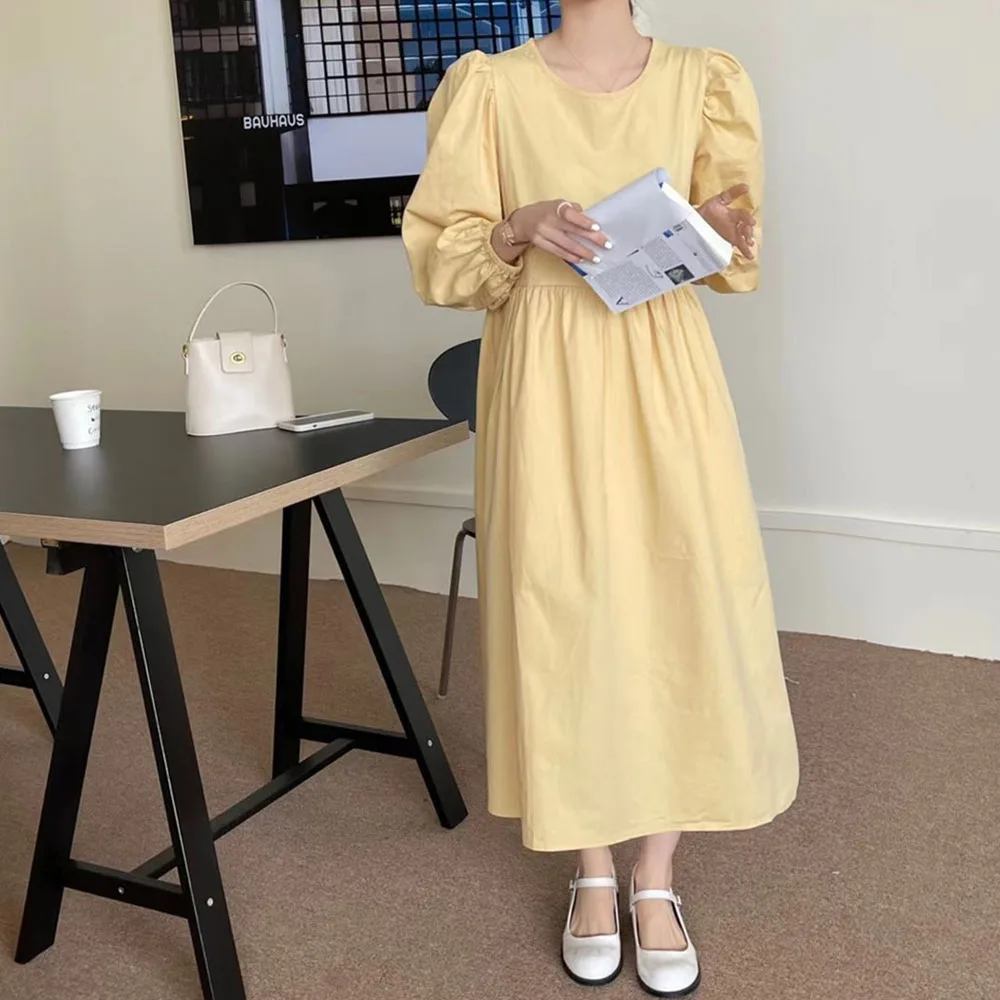 

4 Colors Women Sping Casual Dress Puff Sleeve Long Dresses Round Neck Loose Maxi Vestidos High Waist Simple Commuter Romance