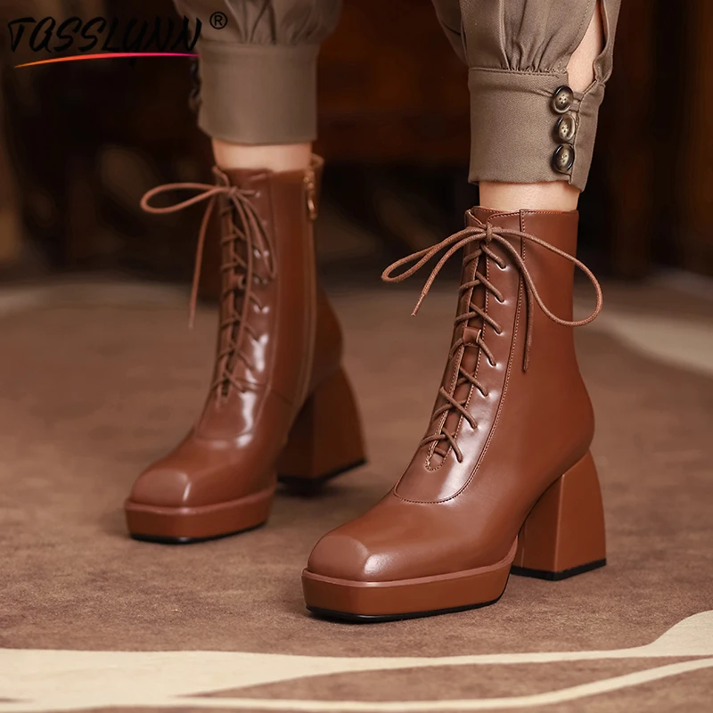 

TASSLYNN 2022 Designer Brand Luxury Women Shoes Lace-up High Heels Sexy Genuine Leather Chelsea Boots Balck Platform Boots