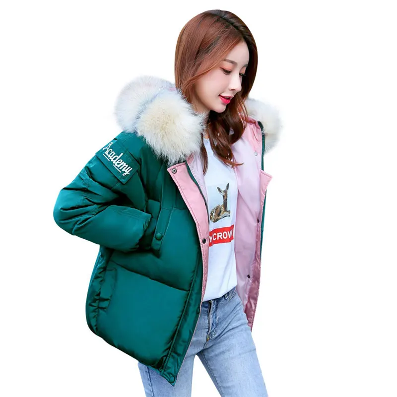 

Chic Short Fur Coat Hooded Winter down jacket Female Oversize Jacket Cotton Padded Wadded Parkas Wind Breaker Sleeves Big Pocket