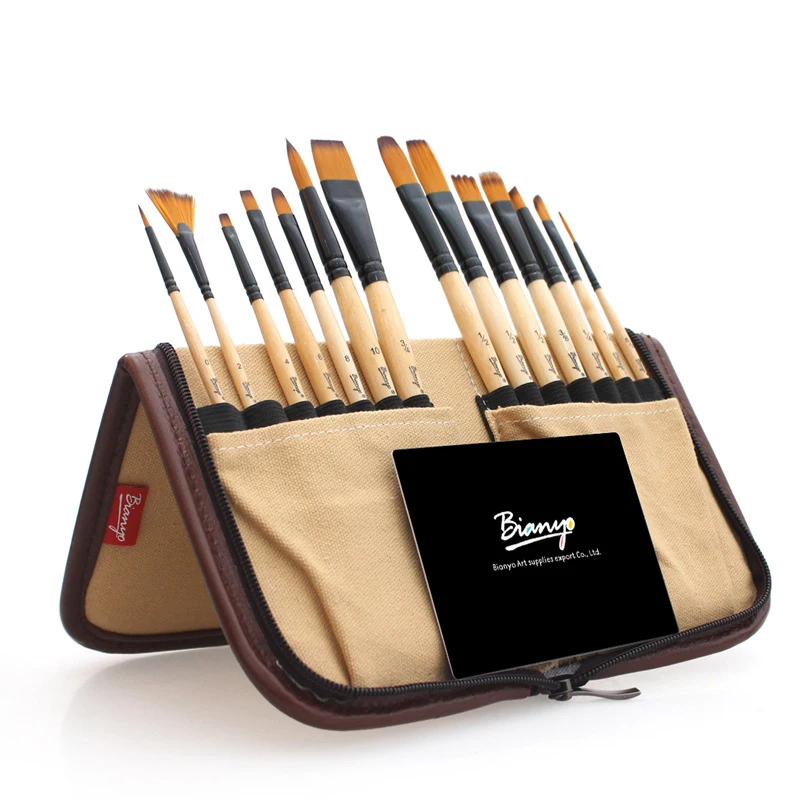 

Bianyo Paint Brushes for Acrylic Painting - 14pcs Nylon Brush Set for Watercolor, Oil and Plein Air Painting