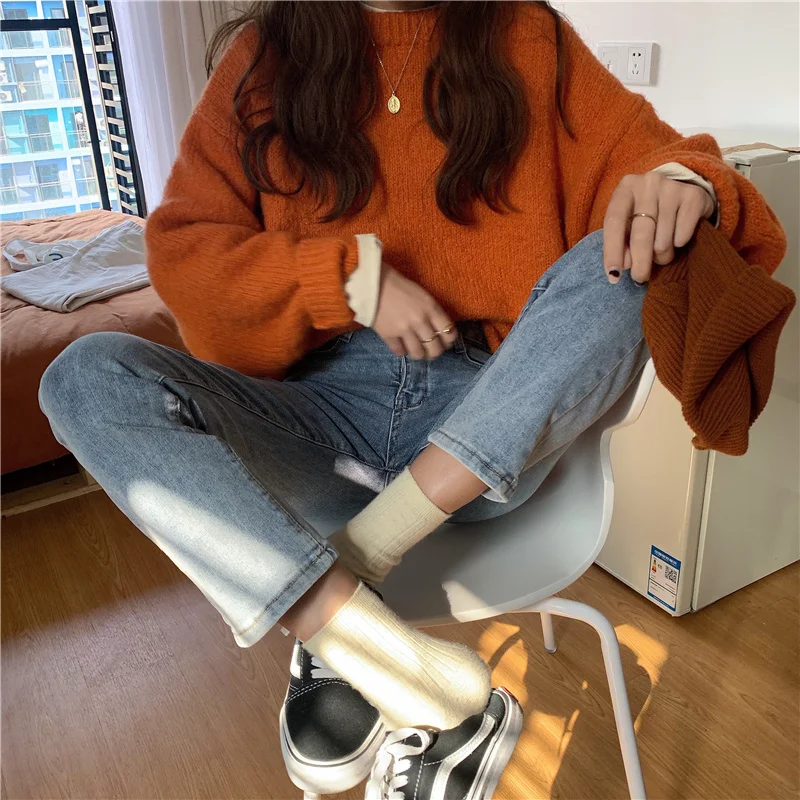 

Autumn/winter High Waist Washed Jeans Women's Versatile Slim Capris Summer Student Leisure Net Red Straight Pants