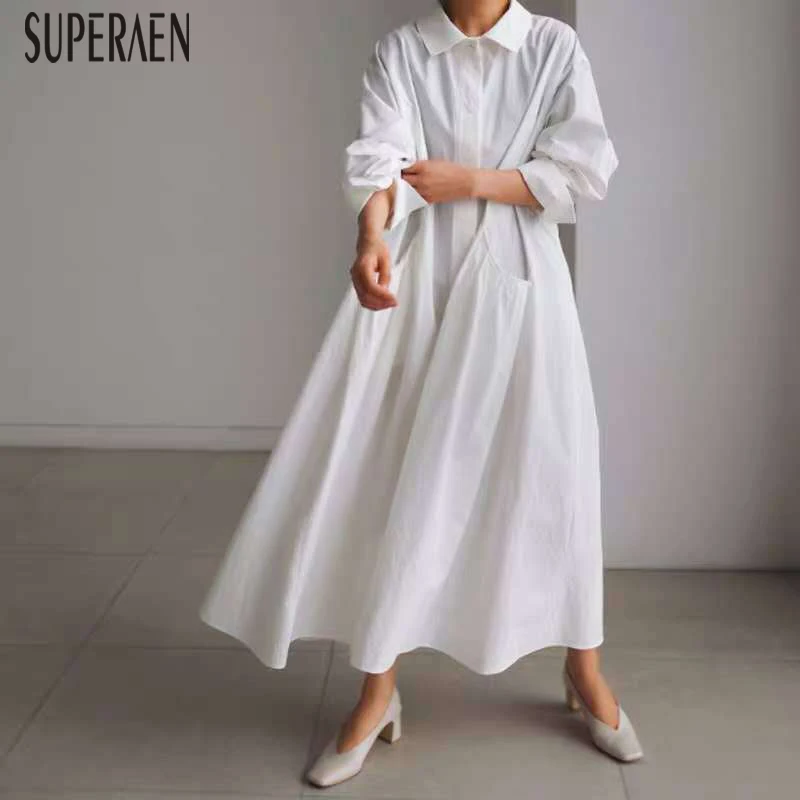 

SuprAen Fashion Women Dress Pluz Size Solid Color Cotton Casual Ladies Long Shirt Dress Spring and Autumn New Women Clothing