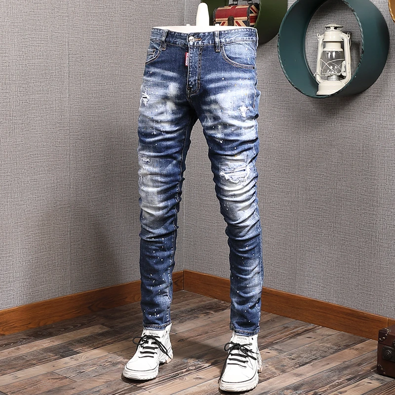 Streetwear Fashion Men Jeans Retro Blue Elastic Slim Fit Destroyed Ripped Jeans Men Splashed Designer Hip Hop Plain Denim Pants