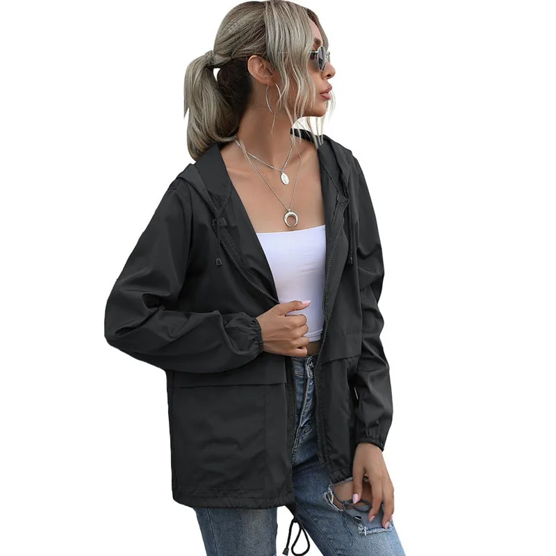 

Куртка женская однотонная на молнии, модный худи с длинным рукавом и капюшоном, свободная повседневная Уличная одежда, дождевик, свитшот, ос...