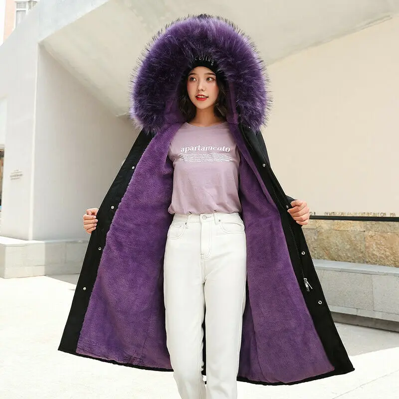Purple Новинка, женская меховая подкладка, теплый воротник из искусственного меха, съемный капюшон, пальто, Зимняя парка, зимнее пальто, куртка, верхняя одежда - Цвет: Purple