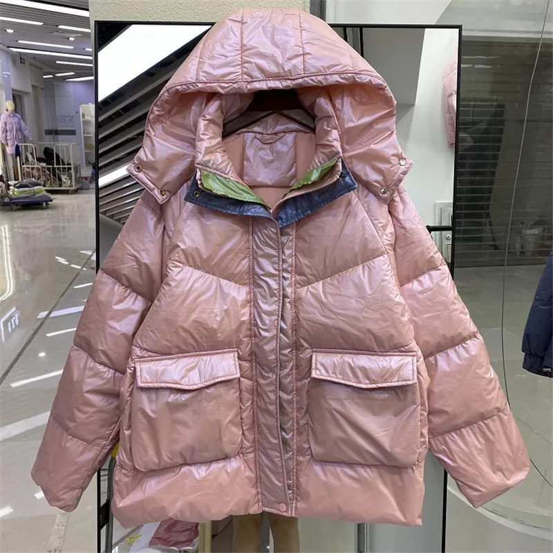

Женская Блестящая куртка с капюшоном, зимняя теплая парка с длинным рукавом, 2021 Пух белой утки, Повседневная Верхняя одежда с воротником-сто...