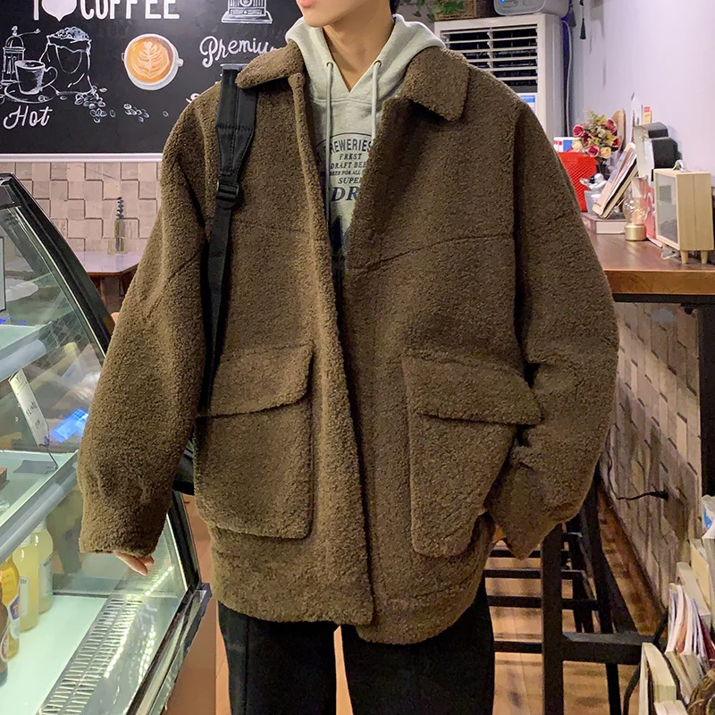 Winter Thick Lamb Fur Jacket Men Warm Fashion Casual Short Coat Men Loose Retro Brown Gray White Coat Mens Cotton Outerwear