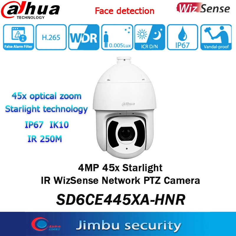 

Dahua 4MP PTZ Camera SD6CE445XA-HNR Starlight 45x optical zoom Face detection IR 250m IP67 IK10 IR WizSense Network PTZ Camera