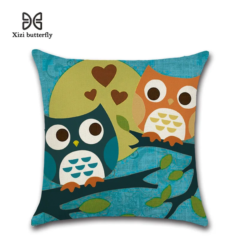 

Couple Owls Pillowcase Cushion Cover Cartoon Throw Pillow Case Home Living Room Sofa Decor Cotton Linen Pillow Cover 45*45cm