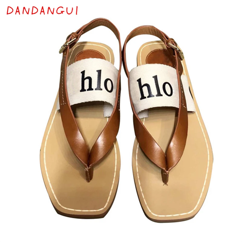 

Fashion Casual Roman Style Wood Women's Flip-flops Luxury Designer Brand Female Sandals Summer Beach Real Leather Ladies Shoes