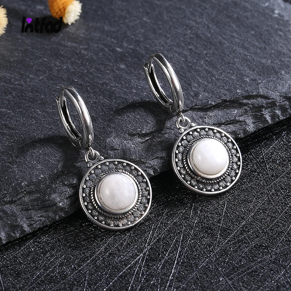 

Vintage Jewelry Natural Round Moonstone Earrings 925 Sterling Silver Simple Fashion Wedding Party Anniversary Gift for Women
