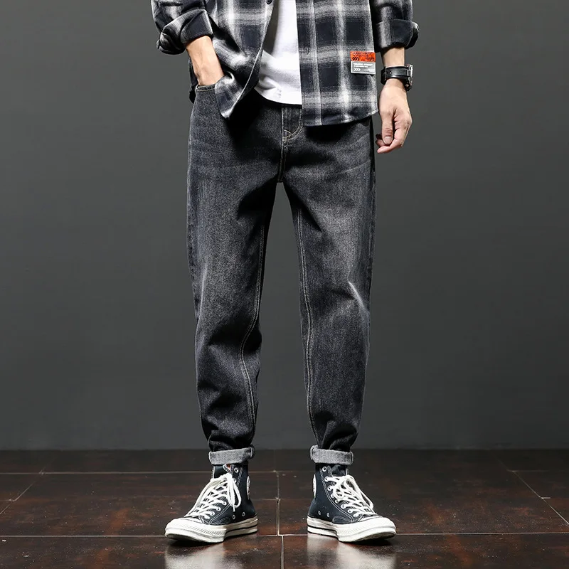 

Japanese Style Fashion Men Jeans Loose Fit Casual Cotton Denim Harem Pants Winter Warm Vintage Designer Wide Leg Baggy Trousers