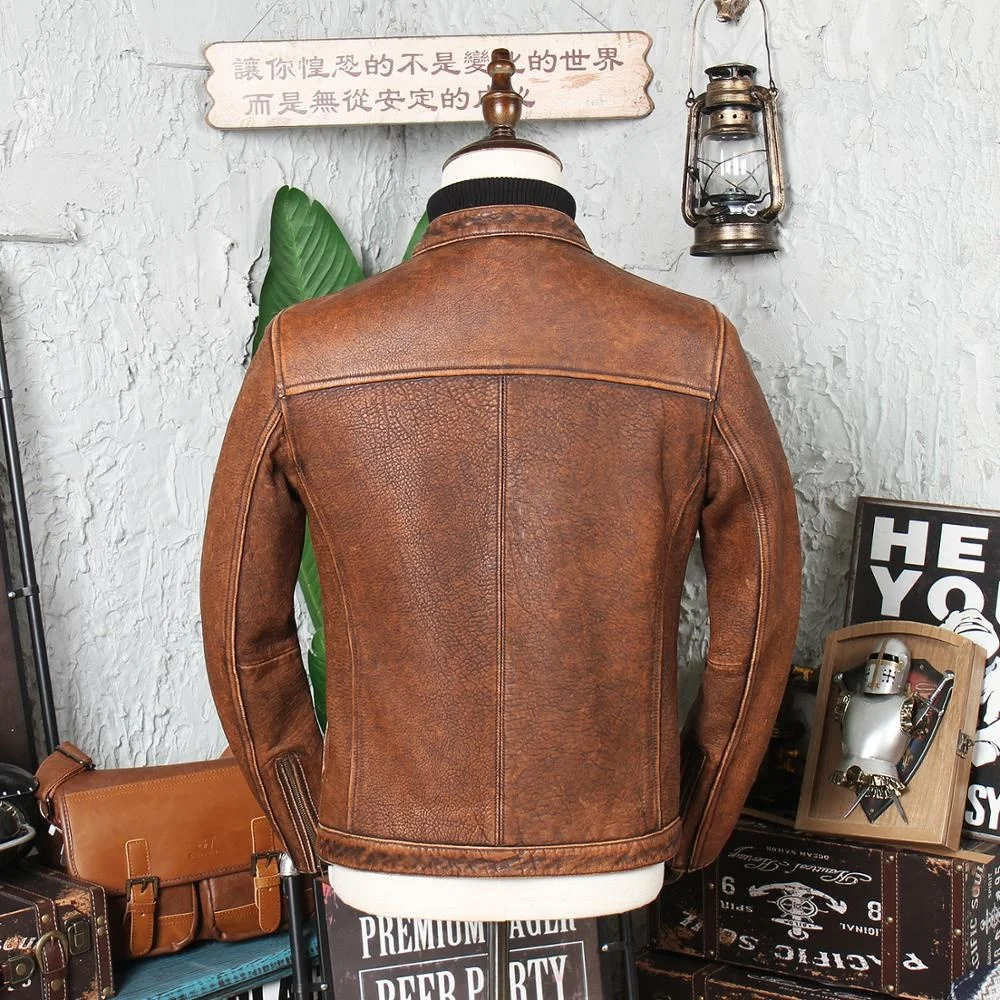 

Мужская Байкерская кожаная куртка, коричневая винтажная приталенная байкерская куртка из натуральной воловьей кожи в американском стиле, ...
