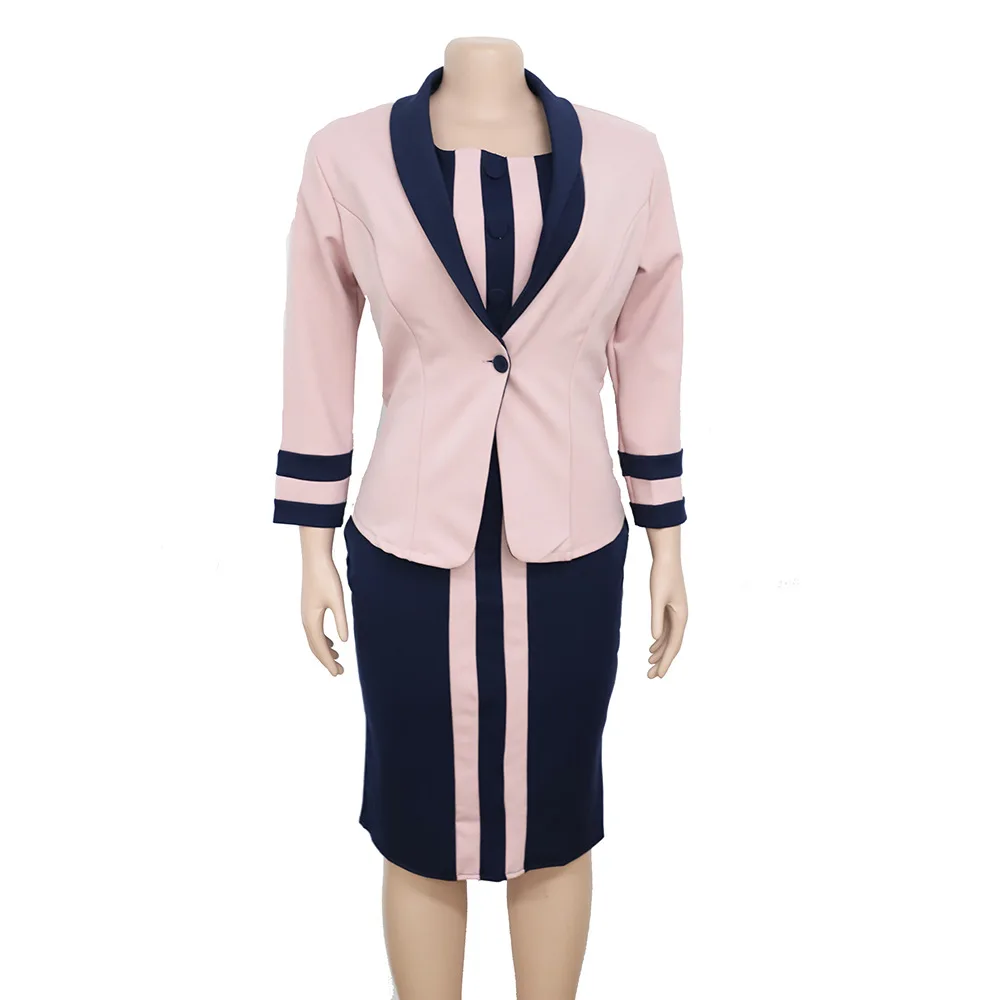 

Plus Size Women Striped Print Two Piece Sets 2021 Spring Lady O-neck Bodycon Knee-Length Dress Single Button Suit Coats Outfits