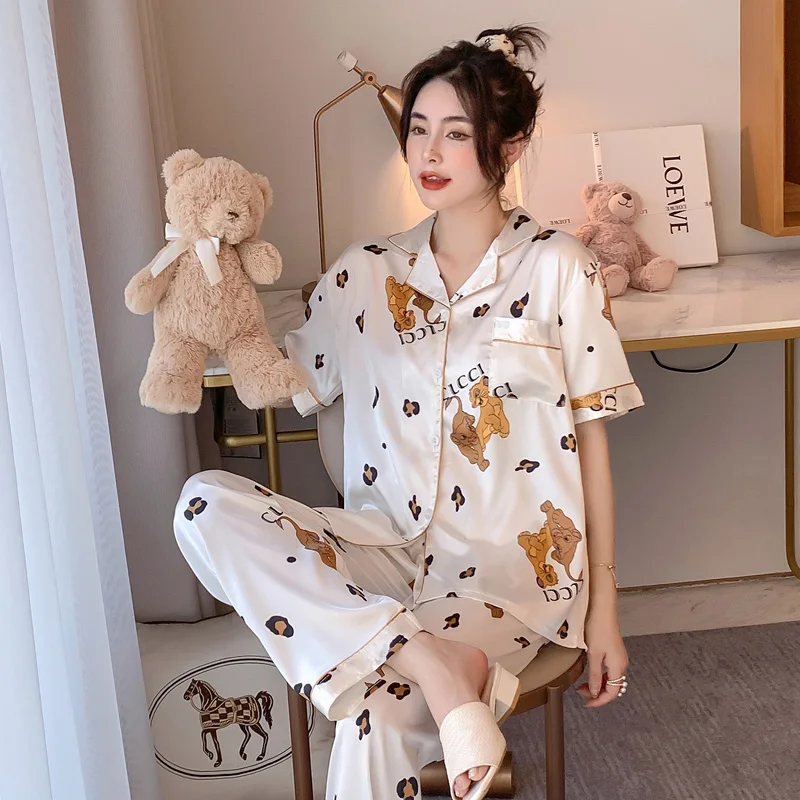 

New Spring Sweet Girl Pajamas Set Silk Satin Cartoon Print Short Sleeve Sleepwear Female Loose Pyjama Soft Homewear Suit