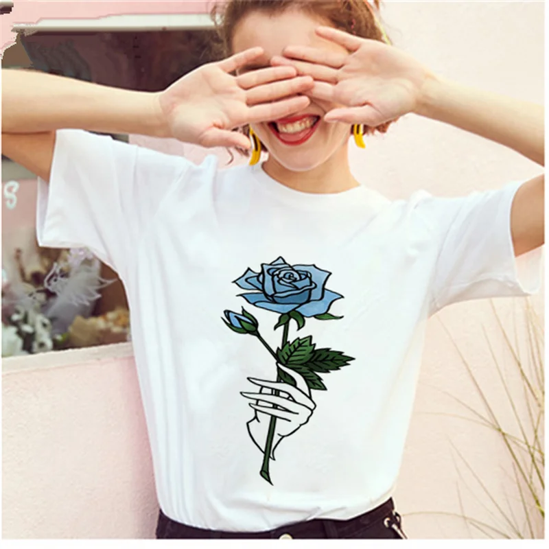 Женская футболка с принтом AOWOF модный красная роза свободная коротким рукавом и