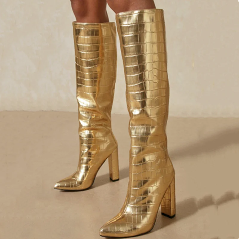 Trendy Gold Silver Shoes Boots High Chunky Heel Knee High Boots for Women Stone Print Slip-on Size 43
