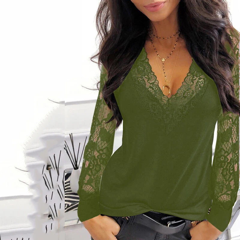 

Casual V-neck Lace Long Sleeve T-shirt for Women Spring Winter Clothes Y2K Sexy Solid Color Black Tee Shirt Office Lady Top