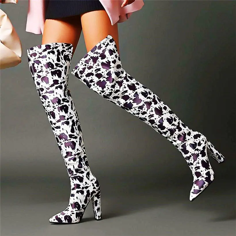 

Sexy Thigh High Boots Women's Leopard Over the Knee Boots Block High Heels Pointed Toe Long Booties Party Pumps 33 34-43