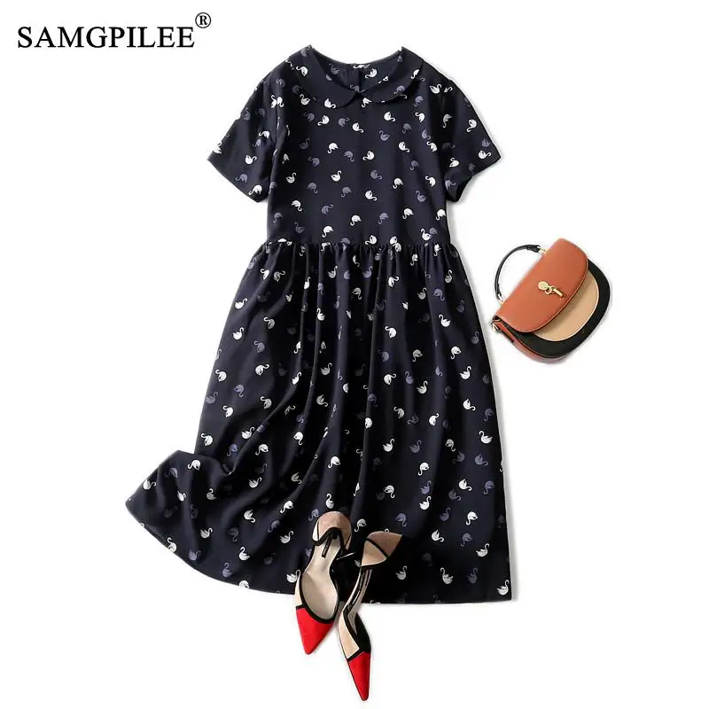 

Summer 2021 Animal Pattern Korean Style High Waist Slimming Peter Pan Collar Short Sleeve Knee Length Chiffon Dress Plus Size