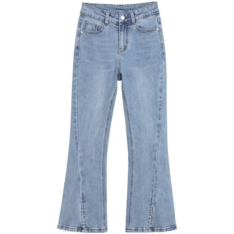 

Light color jeans women's straight tube loose spring 2021 new high waist slim wide leg split micro flared pants