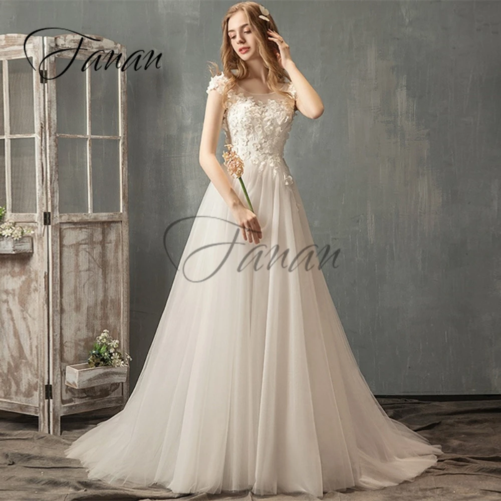 

O-Neck Short Sleeve 3D Flowers Lace Appliques Wedding Dresses A-Line Backless Organza Bridal Gown vestido de noiva robe de marié