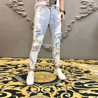 high street fashion brand hole patch diamond jean for men jeans hombre graffiti hot drill jeans mens light blue ripped tights