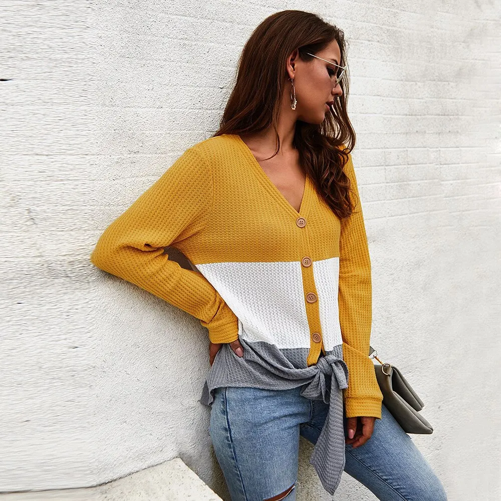 CALOFE 2019 New Casual Fashion Cardigans Lace Up Sweaters For Women Autumn Winter V-Neck Knitted Slim Patchwork Tops |