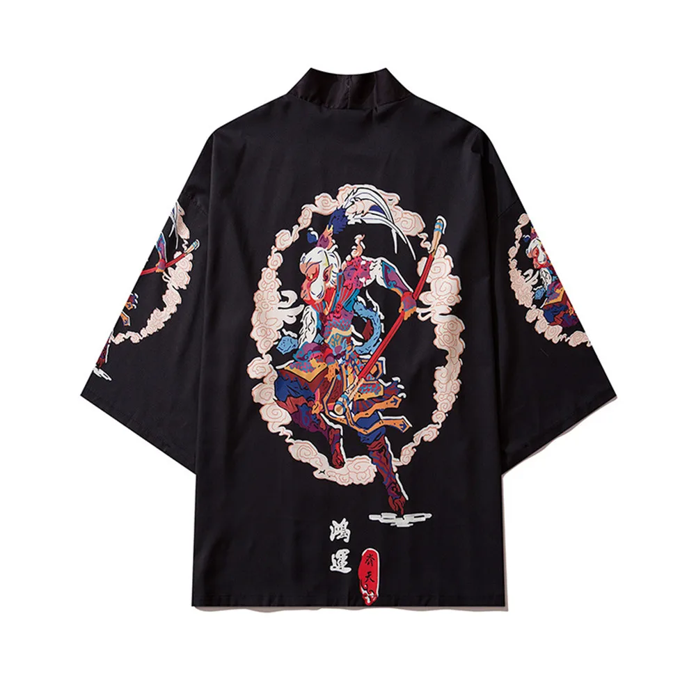 

Monkey King Printed Black Kimono Cardigan Pants Sets Couple Men Women Yukata Traditional Japanese Samurai Clothing Size M-2XL
