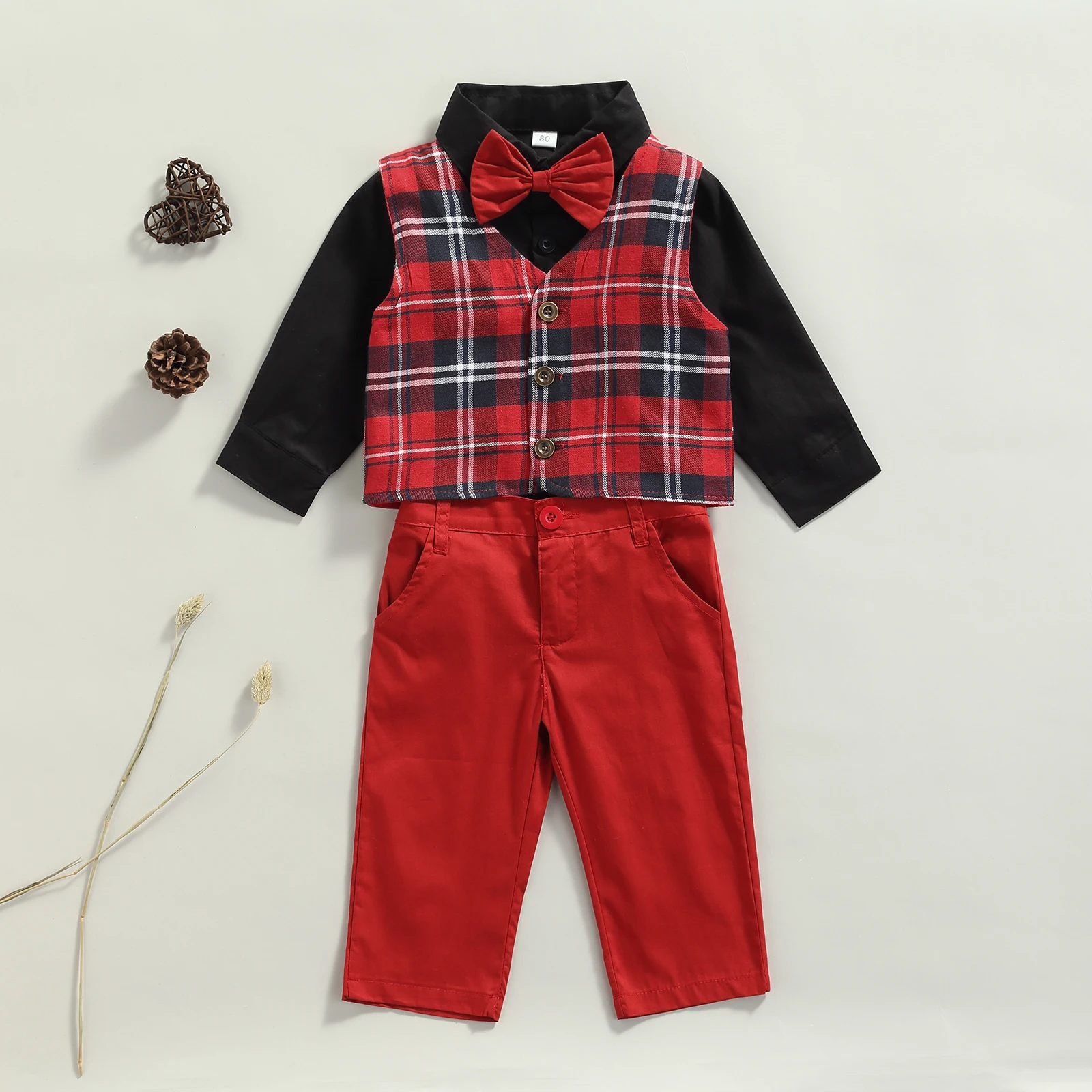 

Xmas Baby Boys 4Pcs Clothes Set Autumn Red Plaid Vest + Solid Color Long Sleeve Lapel Shirt + Bow Tie + Long Pants Outfit