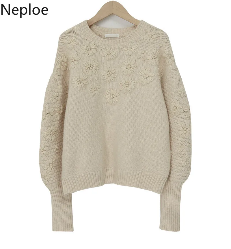 Женский вязаный свитер с вышивкой Neploe джемпер свободного кроя круглым вырезом и